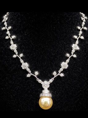Suzanne Somers Vintage Pearl CZ Floral Flower statement tennis necklace Silver